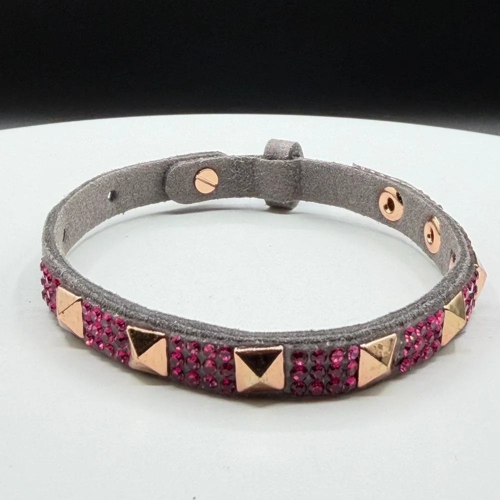 Gray Suede Studded Crystal Bracelet Rose Gold Tone Pink Rhinestone Gift Cuff